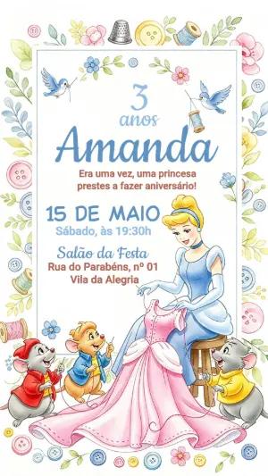 Convite de Aniversário Cinderela Aquarela para Editar