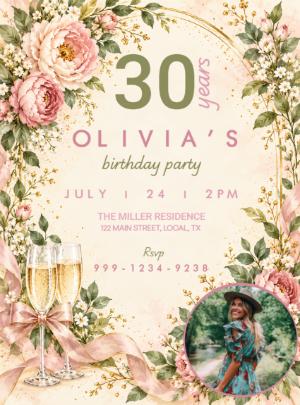 Elegant Floral 30th Birthday Invitation Template