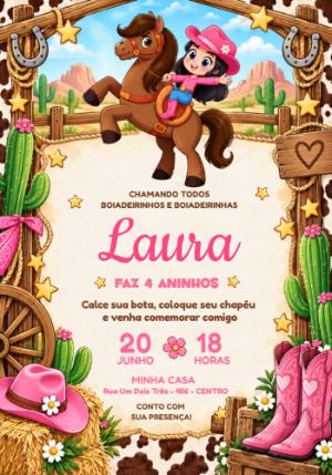 Convite de Aniversário Boiadeirinha Rosa Editável Online