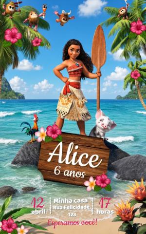 Convite de Aniversário Moana: Modelo Digital para Editar