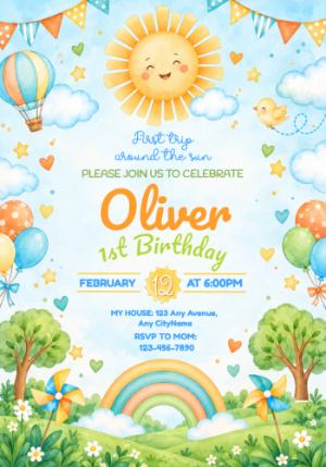 First Trip Around the Sun 1st Birthday Editable Invitation