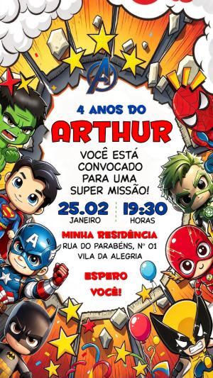 Convite de Aniversário Vingadores Baby e Heróis para Editar