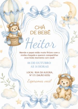 Convite Chá de Bebê Ursinho Aviador para Editar Online