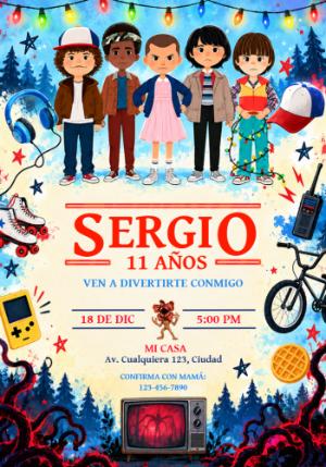 Convite de Aniversário Stranger Things com Personagens para Editar