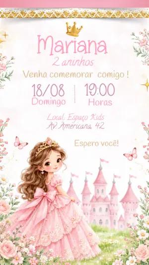 Convite de Aniversário Princesa Aquarela Rosa para Editar