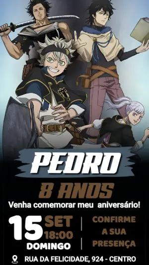 Convite de Aniversário Black Clover Editável para Festa de Menino