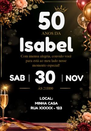 Convite Aniversário 50 Anos Elegante Preto e Dourado Editável