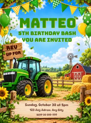 Green Tractor Farm Birthday Invitation - Editable Template