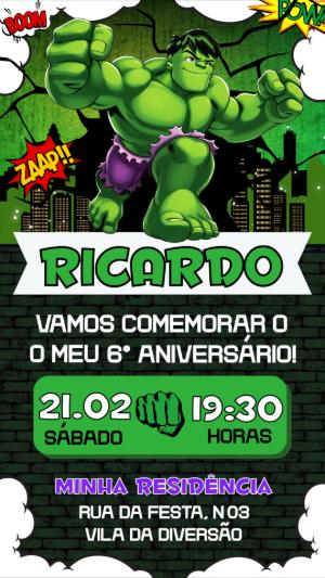 Convite Digital Hulk: Modelo Editável para Aniversário Infantil