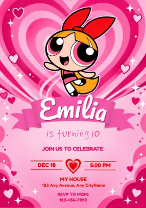 Blossom Powerpuff Girls Editable Birthday Invitation