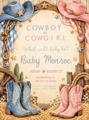 Cowboy or Cowgirl Gender Reveal Editable Invitation