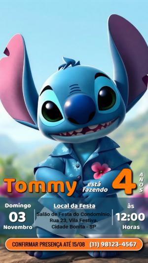 Convite de Aniversário Stitch: Modelo Digital para Editar
