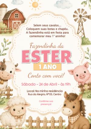 Convite de Aniversário Fazendinha Aquarela para Editar Online