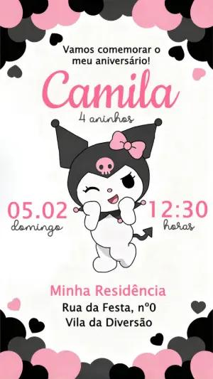 Convite de Aniversário Kuromi Rosa e Preto Editável
