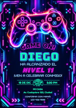 Invitación de Cumpleaños Gamer Neón para Editar