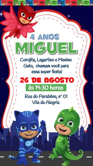 Convite de Aniversário PJ Masks Editável | Heróis de Pijama