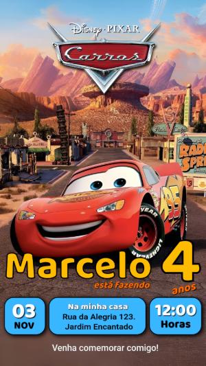 Convite de Aniversário Carros Disney Relâmpago McQueen Editável