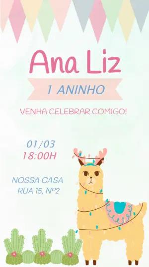 Convite de Aniversário Lhama e Cactos Editável