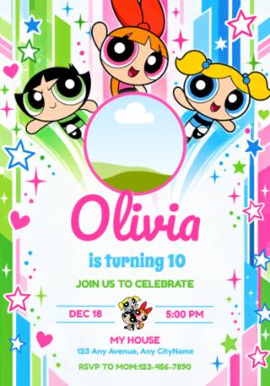 Powerpuff Girls Birthday Invitation with Photo - Editable Template