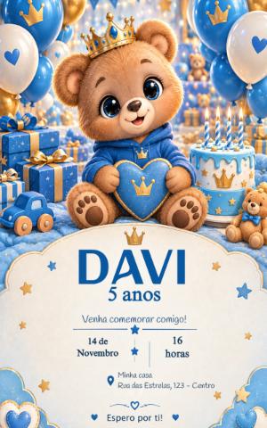 Convite de Aniversário Ursinho Príncipe Azul Editável
