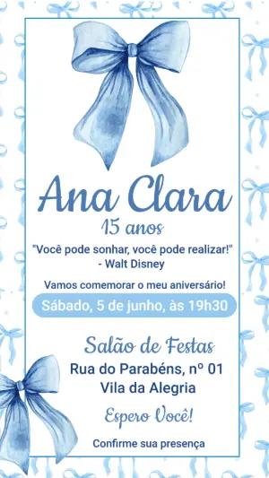 Convite 15 Anos Tema Laços Azul Aquarela para Editar