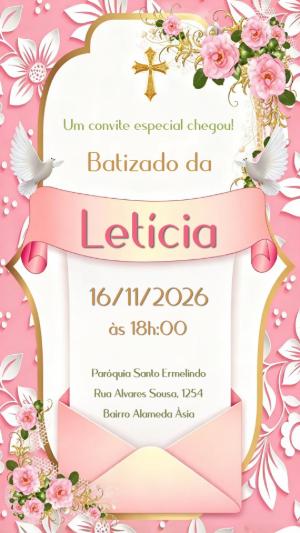 Convite de Batizado Menina Rosa Floral Editável