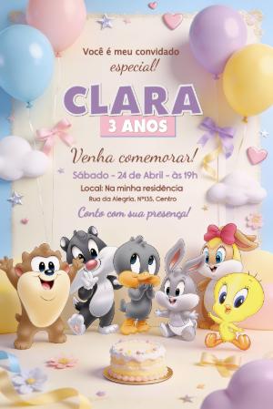 Convite de Aniversário Baby Looney Tunes para Editar Online