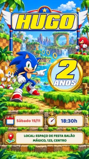 Convite de Aniversário Sonic Green Hill Editável para Festa