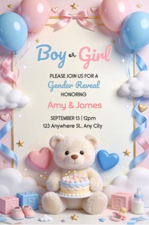 Cute Teddy Bear Gender Reveal Invitation Template