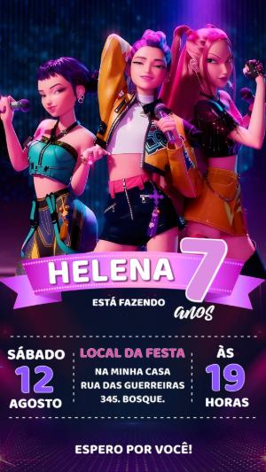 Convite de Aniversário Guerreiras K-pop Roxo e Rosa Editável