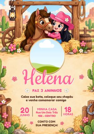 Convite de Aniversário Boiadeirinha com Foto para Editar