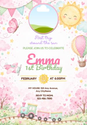 Editable First Trip Around the Sun Photo Birthday Invitation