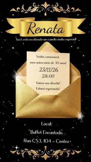 Convite de Aniversário Preto e Dourado Elegante para Editar
