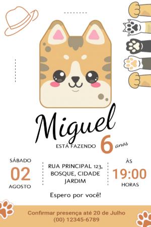 Convite de Aniversário Gatinho Kawaii Editável para Menino
