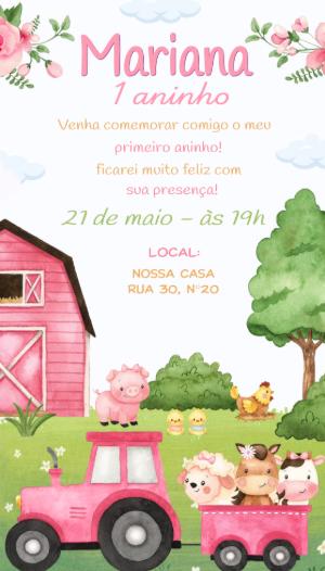 Convite de Aniversário Fazendinha Rosa Aquarela para Editar