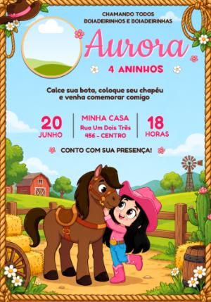 Convite de Aniversário Boiadeirinha com Foto Editável