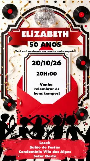 Convite de Aniversário Anos 60 e 70 Disco Editável