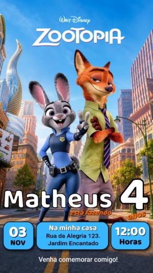 Convite de Aniversário Zootopia com Judy e Nick para Editar