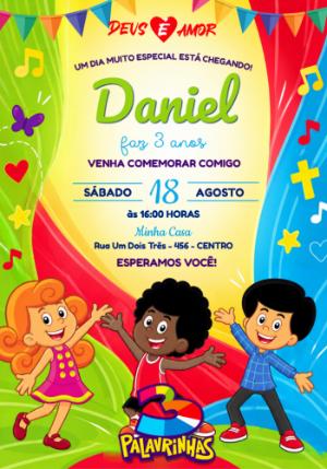 Convite de Aniversário 3 Palavrinhas Digital para Editar