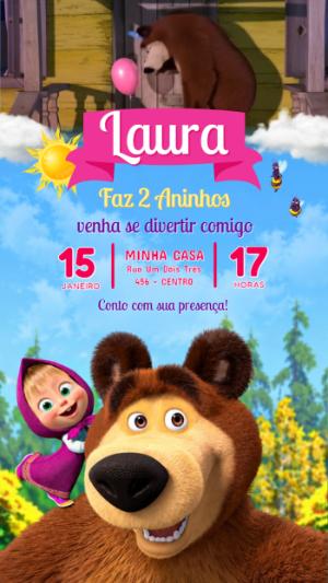 Convite Animado Masha e o Urso: Vídeo de Aniversário Editável