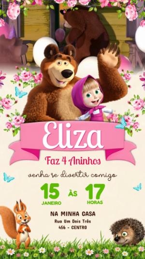 Convite Animado de Aniversário Masha e o Urso para Editar