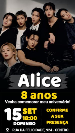 Convite de Aniversário BTS Editável para Festa K-Pop