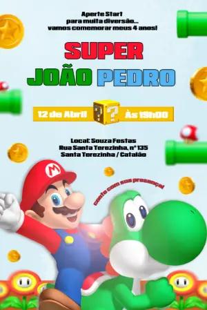 Convite de Aniversário Super Mario e Yoshi Editável Online