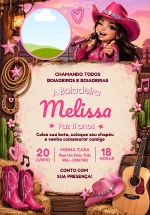 Convite de Aniversário Boiadeira Rosa Editável Online