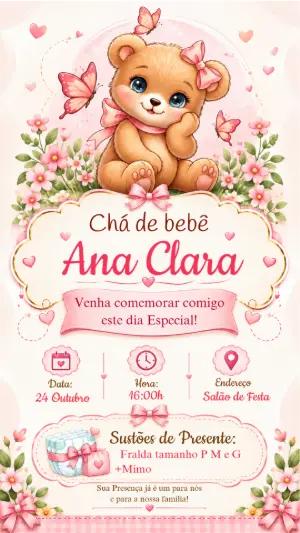 Convite Chá de Bebê Ursinha Rosa Editável para Menina