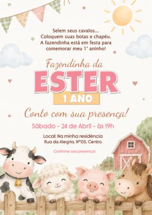 Convite de Aniversário Fazendinha Aquarela para Editar