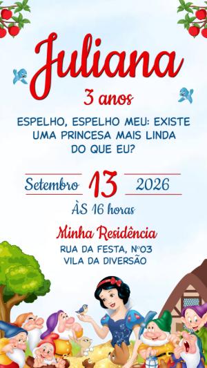 Convite de Aniversário Branca de Neve com os Sete Anões para Editar