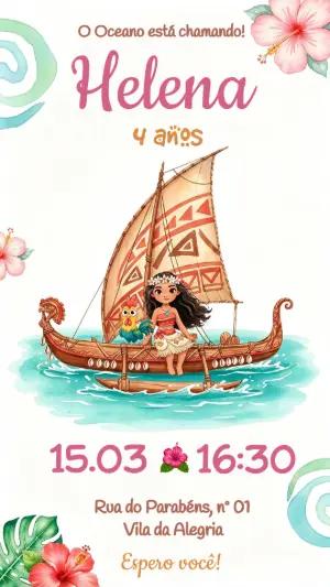 Convite de Aniversário Moana Editável para Festa Infantil