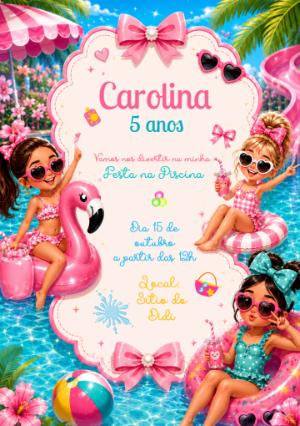 Convite Editável Aniversário Festa na Piscina Menina