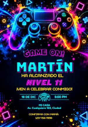Invitación de Cumpleaños Gamer Neón | Plantilla Editable